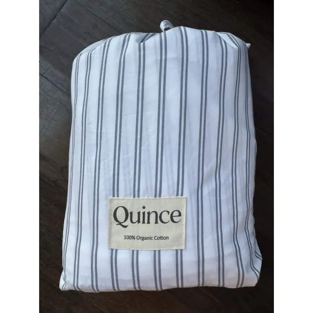 Quince Organic Crisp Percale Duvet Cover Full Queen Double Stripe Mineral
